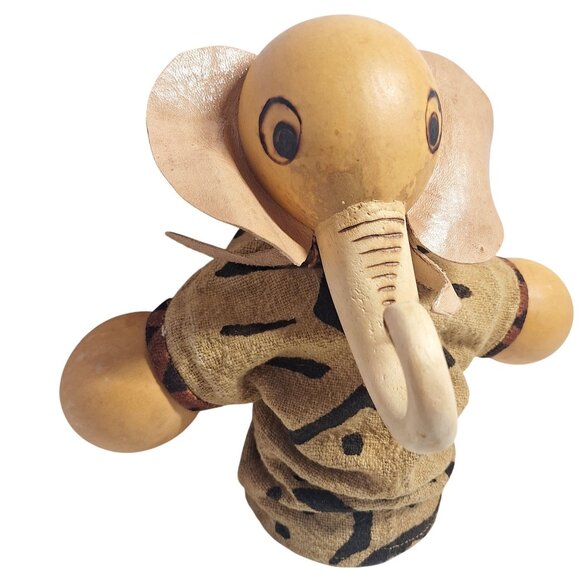 Handmade African Elephant Gourd Puppet Leather Ears Tusks & Tribal Fabric READ! - Picture 1 of 9
